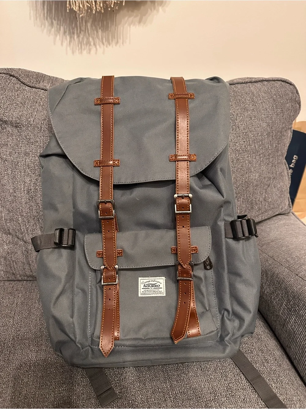 Grey Canvas Men's Backpack with Brown Leather Straps -